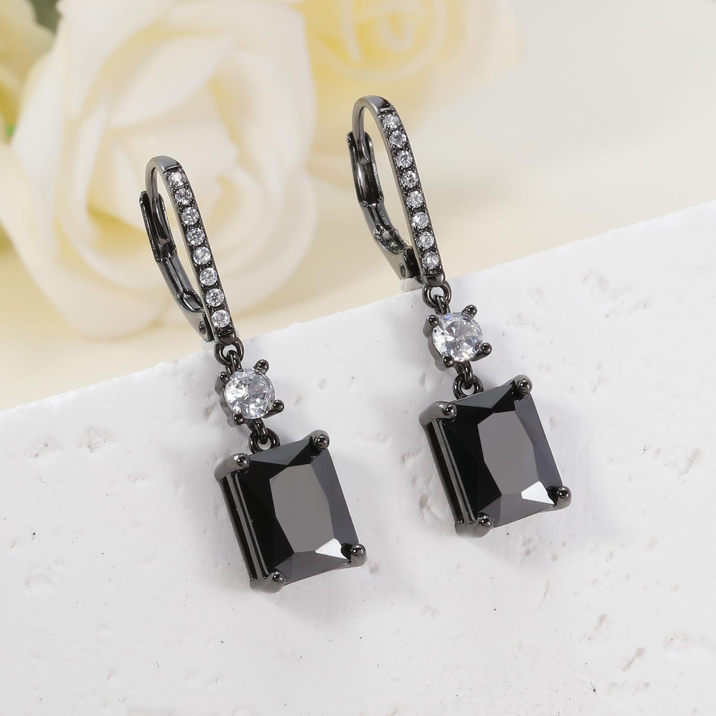 CiNily Leverback Earrings for Women Rectangular-cut Drop Dangle Earring Hypoallergenic, 14K Black Gold Plated Black Cubic Zircon Earrings Diamond Dangle Ear Rings Jewelry Birthday