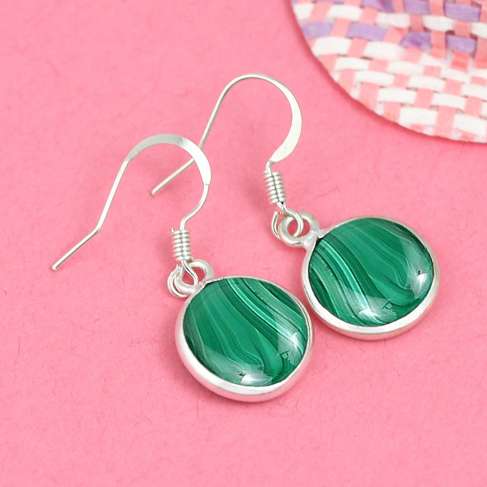 Natural Malachite 925 Silver Plated Dangle Earrings for Women - Round Shape Green Color Gemstone September Birthstone Handmade Jewelry Earrings - Mother's Day Gift for Mom