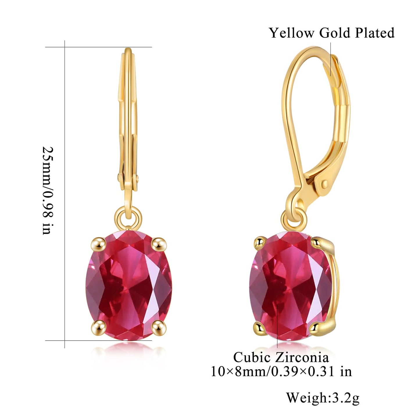 CiNily Cut-Oval Leverback Dangle Earrings for Women Red Cubic Zircon 14K Gold Plated Hypoallergenic Hanging Earrings Lightweight Summer Drop Earrings Party Wedding Birthday Gifts