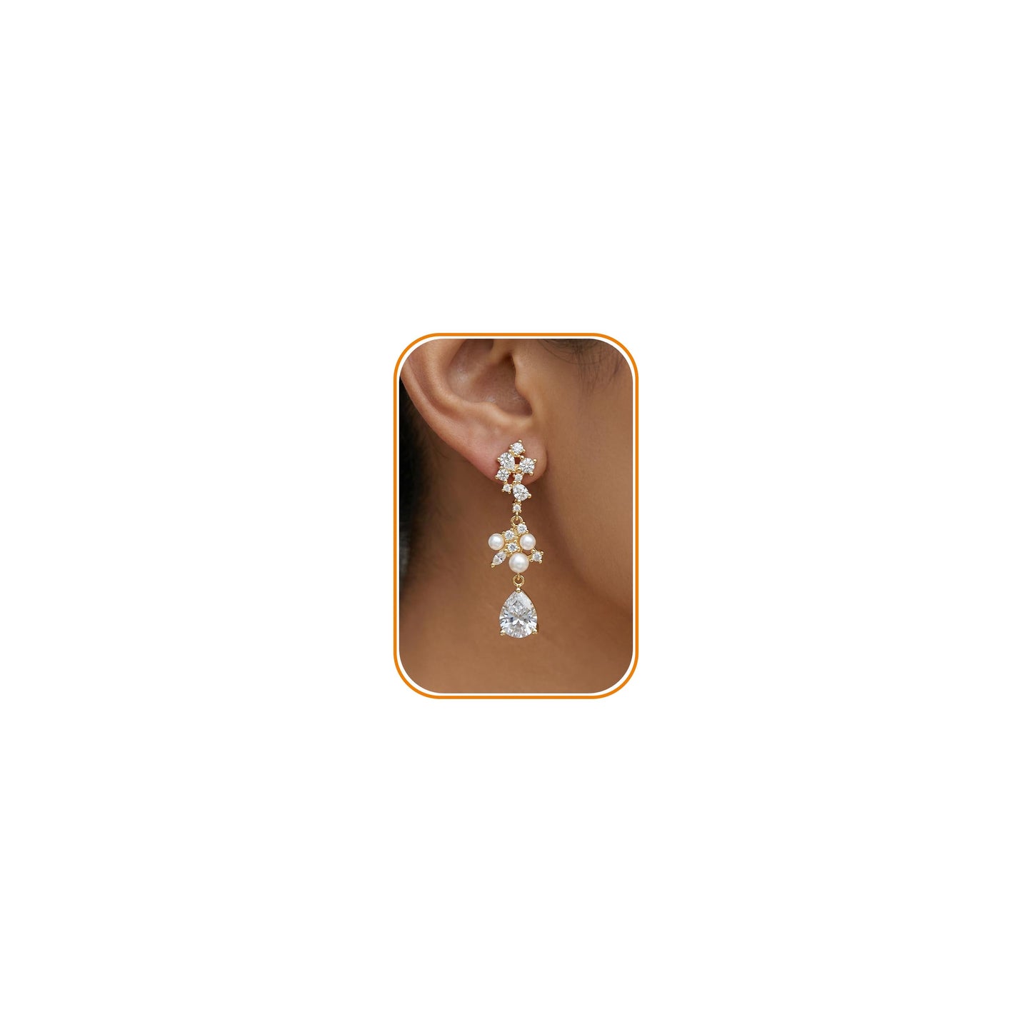PRTGL Pearl Earrings - 14 Gold Plated Cubic Zirconia Accented Pearl Drop Earrings for Women Dangle Wedding Bridal Teardrop Design