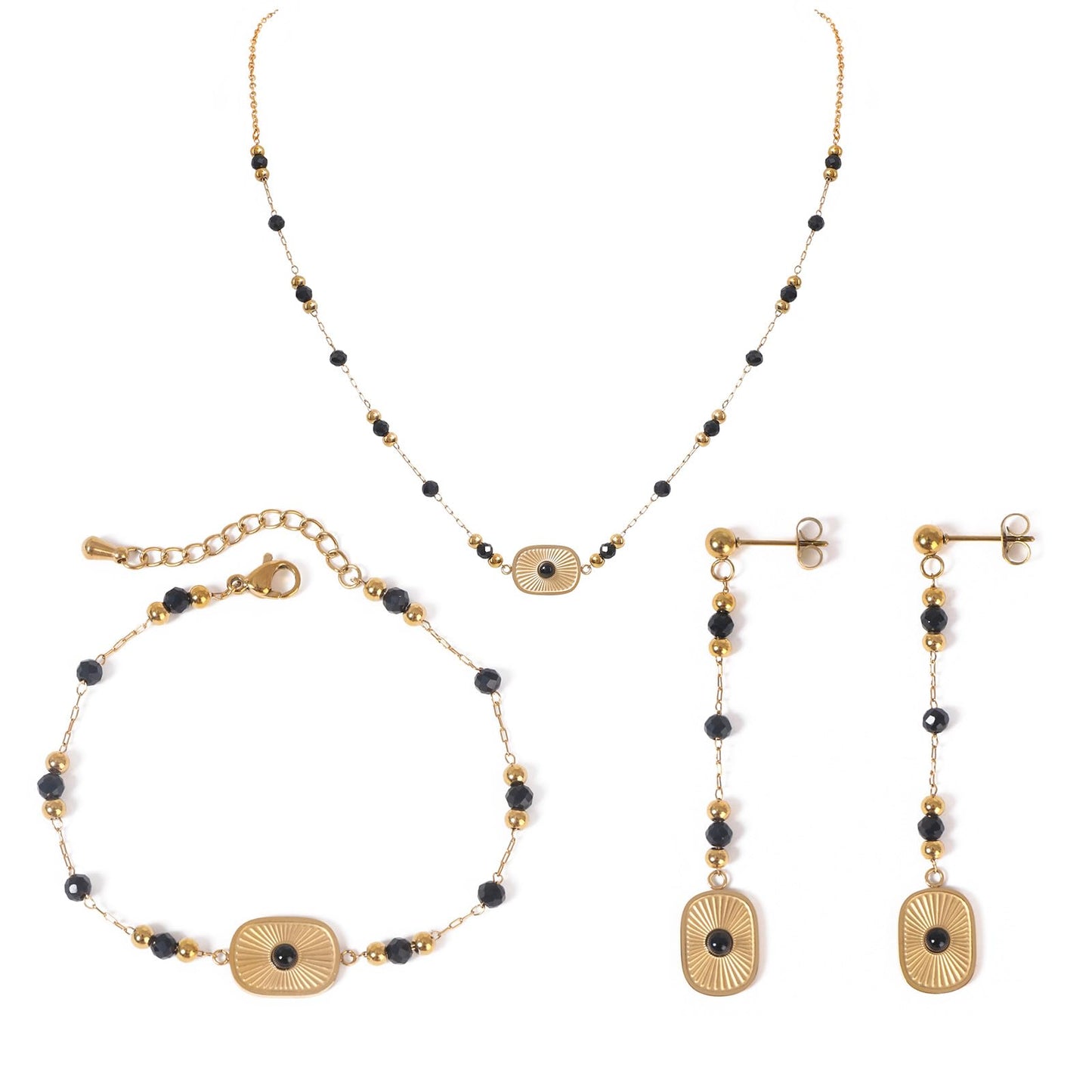 TaYolnFaSo Natural Black Agate Jewelry Set for Women 18K Gold Plated Sun Disk Black Agate Necklace Earrings Bracelet Set Gift for Girlfriend