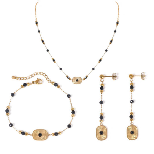 TaYolnFaSo Natural Black Agate Jewelry Set for Women 18K Gold Plated Sun Disk Black Agate Necklace Earrings Bracelet Set Gift for Girlfriend