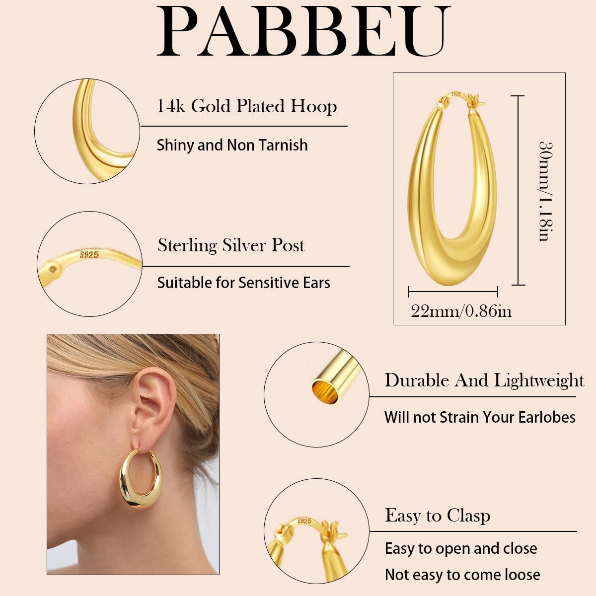 PABBEU Chunky Gold Hoop Earrings for Women, Lightweight 14k Golden Plated Hoops Earrings, Hypoallergenic 925 Oval Golds Hoops Earrings, Thick Gold Hoop Earrings for Women Gifts (30mm)