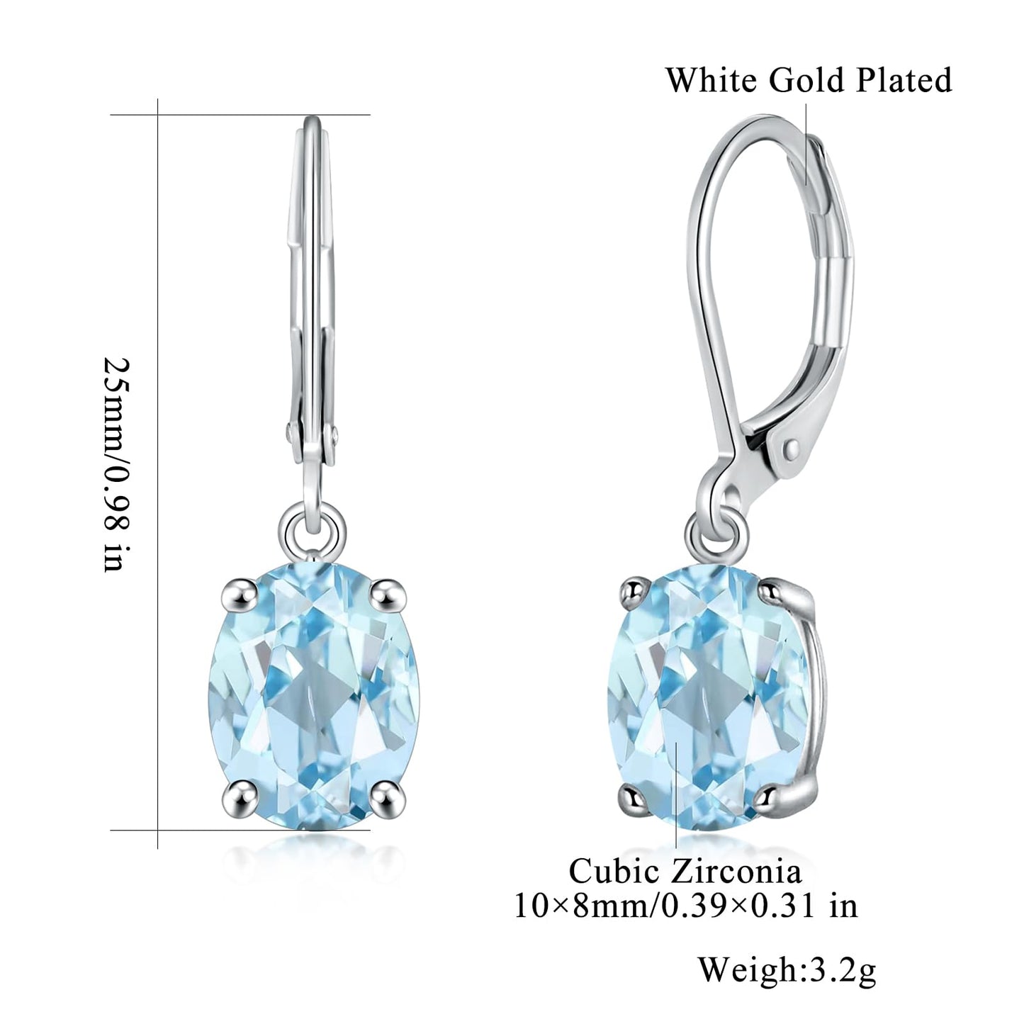 CiNily Cut-Oval Leverback Dangle Earrings for Women Light Blue Cubic Zircon 14k White Gold Plated Hypoallergenic Hanging Earrings Lightweight Summer Drop Earrings
