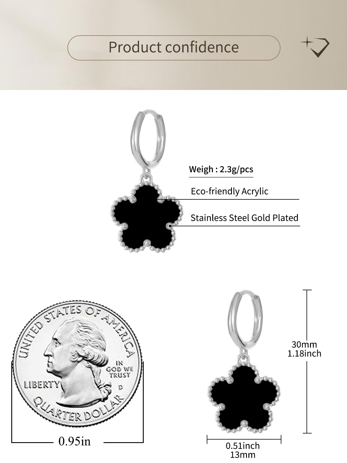 Gold Plated Five Leaf Clover Dangle Earrings for Women Lucky Flower Jewelry (Black-White Gold Plated)