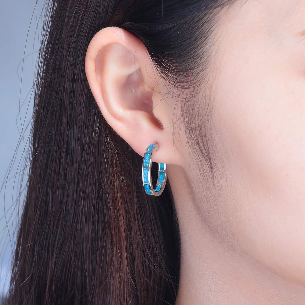 CiNily Sterling Silver Plated Hoop Earrings, Blue Opal Small Hoop Earrings for Women Hypoallergenic Earring Jewelry Ear Hoops Gemstone Round Hoops for Ladies