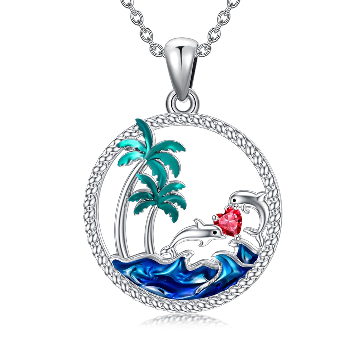 PROESS Dolphin Necklace Sterling Silver July Birthstone Necklace Palm Tree Beach Jewelry Ocean Animal Gifts for Women Daughter