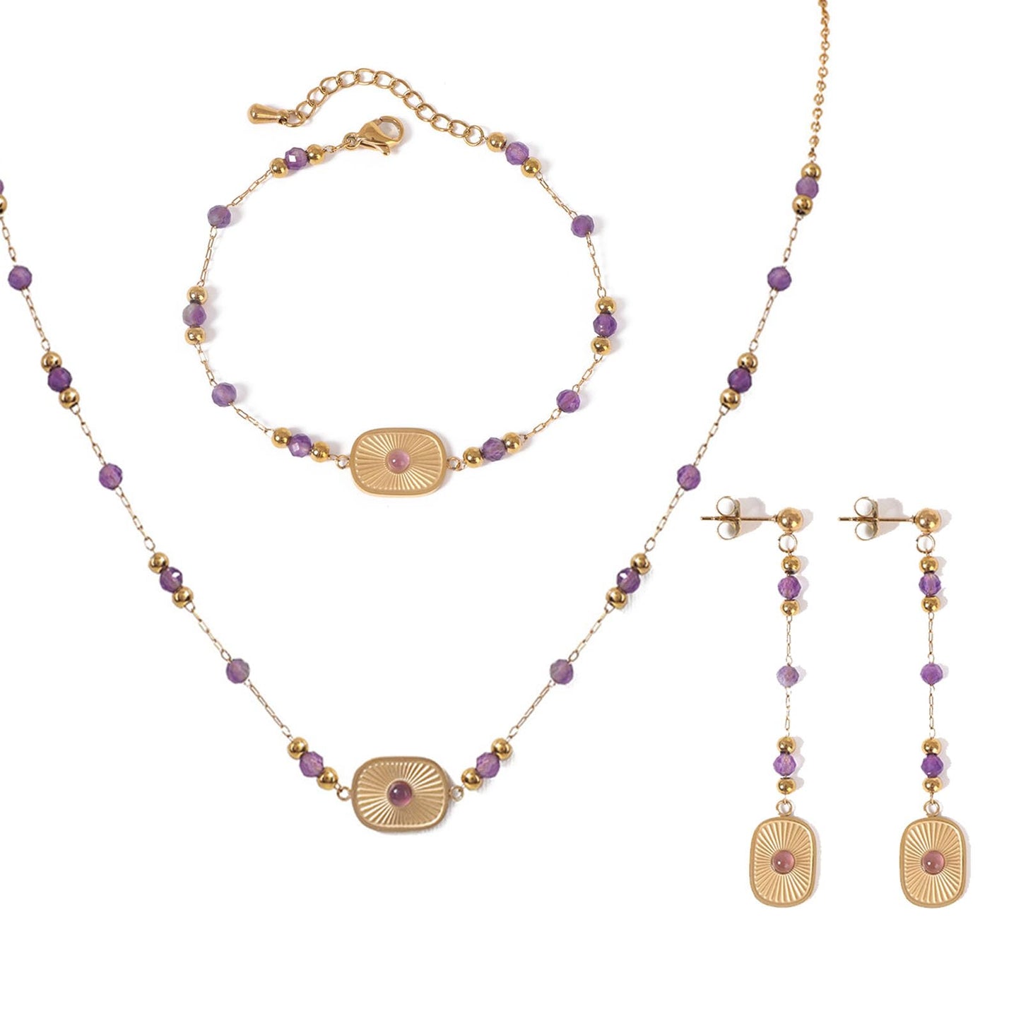TaYolnFaSo Natural Amethyst Jewelry Set for Women 18K Gold Plated Sun Disk Amethyst Necklace Earrings Bracelet Set Gift for Sisters