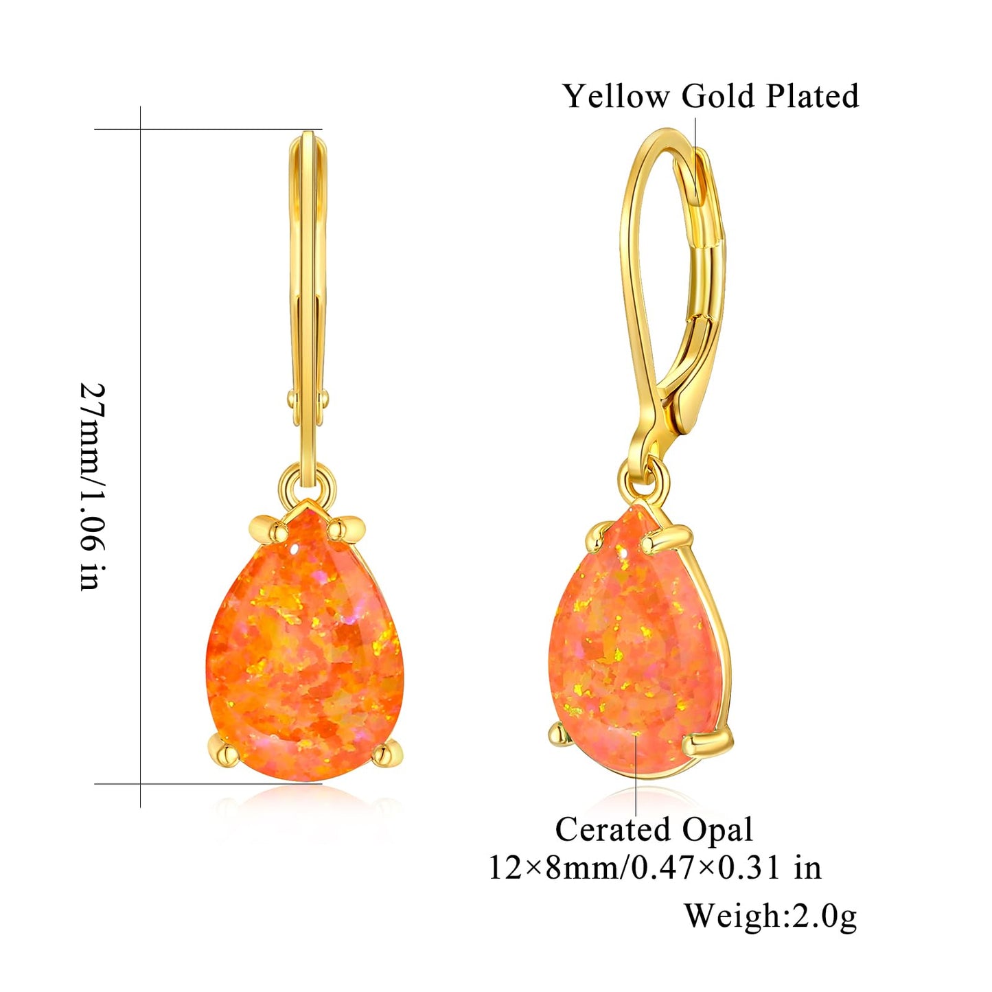 CiNily Teardrop Leverback Dangle Earrings for Women Hypoallergenic Orange Opal Pendant Drop Earrings 14K Gold Plated Hanging Lever Earrings Jewelry for Sensitive Ears