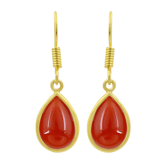 Natural Carnelian Teardrop Shape Dangle Earrings for Women - 14K Yellow Gold Plated July Birthstone Orange Gemstone Earrings - Vintage Style Handmade Jewelry Gifts for Her