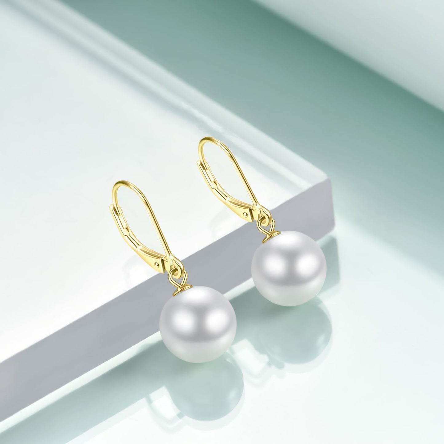 Rnivida Gold Plated Sterling Silver Pearl Drop Leverback Earring,Hypoallergenic 8MM Pearls Dangle Earring for Women