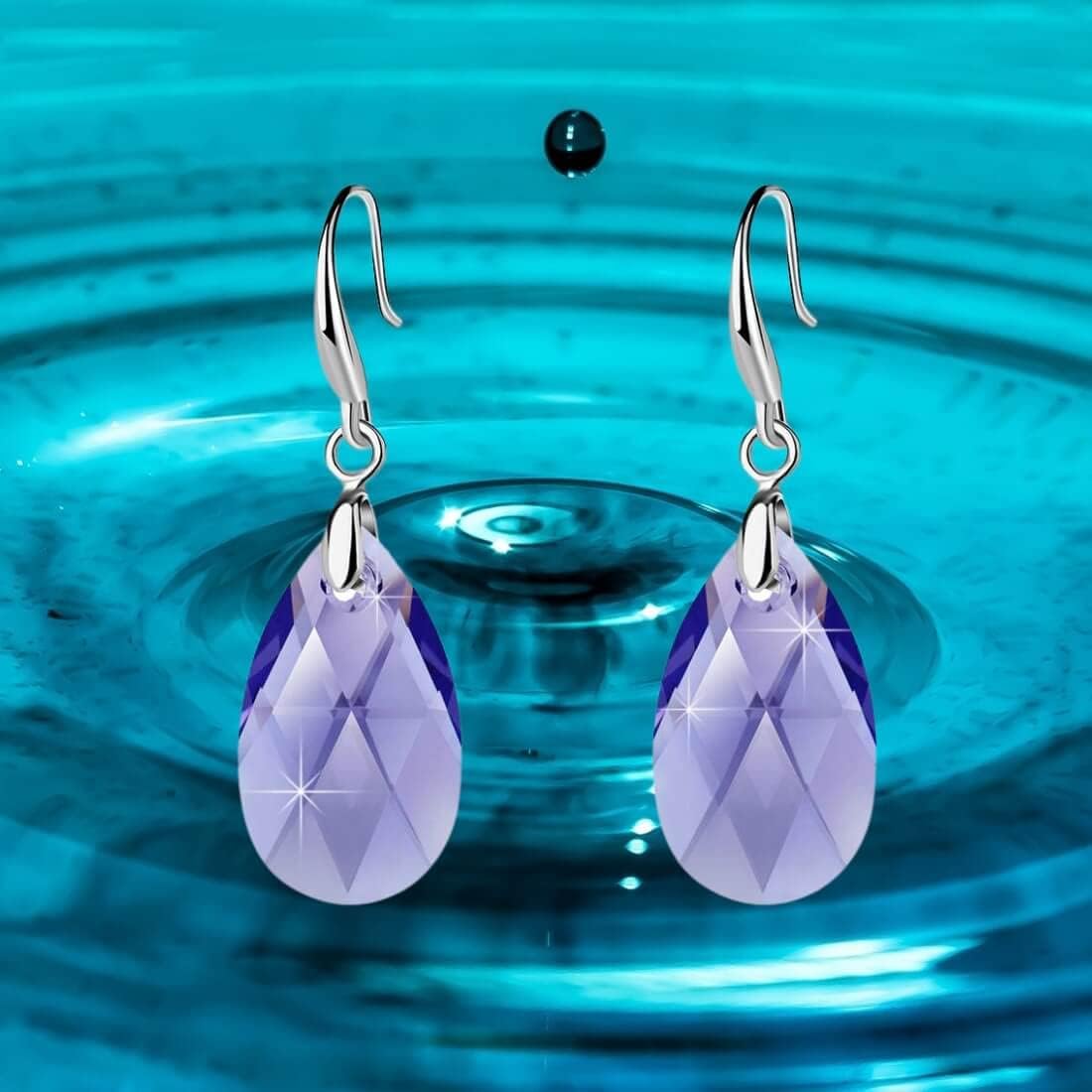 Austrian Crystal Teardrop Dangle Hook Earrings for Women 14K Gold Plated Hypoallergenic Jewelry (Tanzanite)