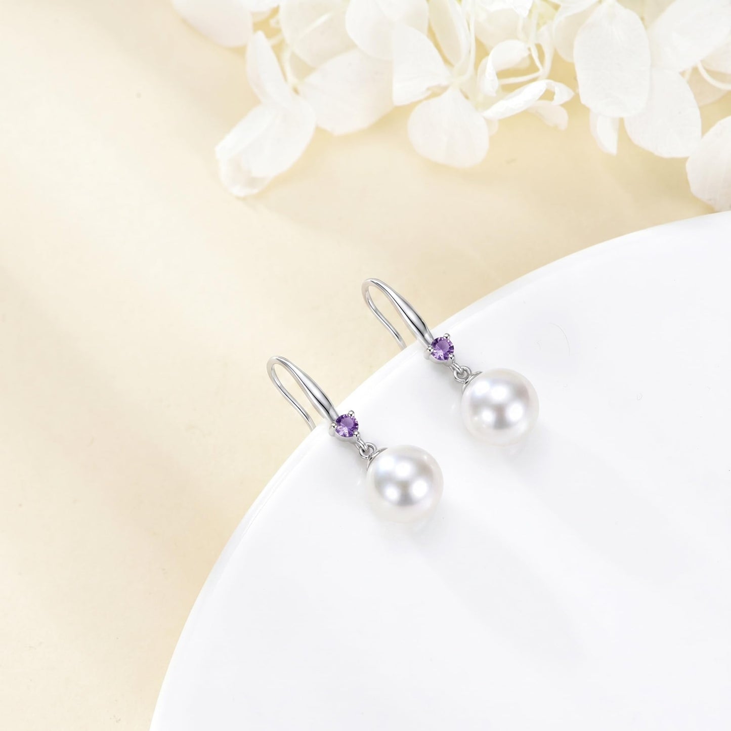 925 Sterling Silver Pearl Leverback Earrings Dangle Drop Birthstone Jewelry Gifts for Women (White Pearl-February)