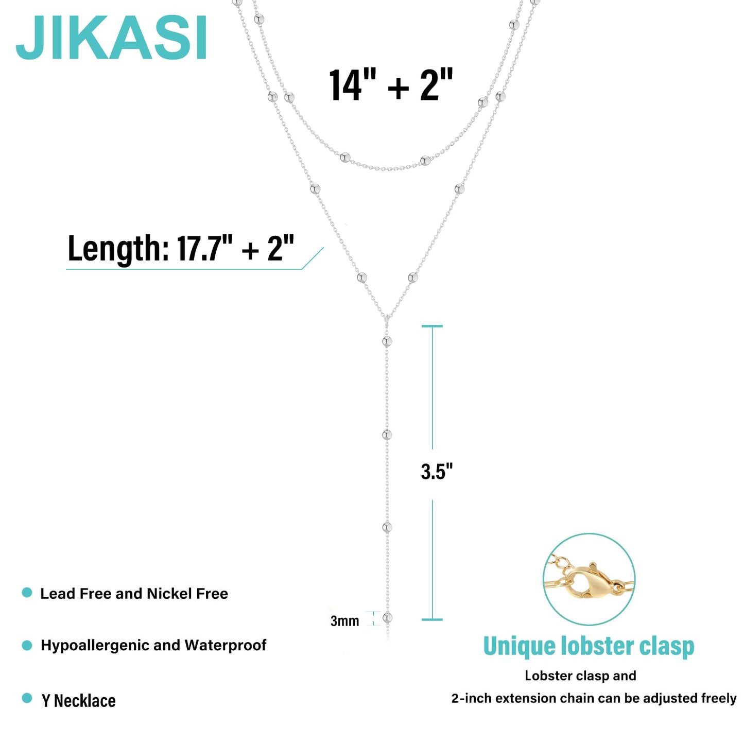 JIKASI Lariat Silver Necklaces for Women Trendy Dainty Long Necklace Sterling Silver Plated Drop Rosary Beaded Chain Necklaces Y Layered Pendant Necklace Simple Gold Statement Jewelry Gifts
