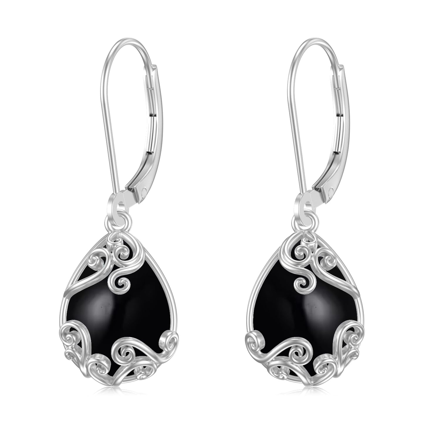 KoyeKei Black Onyx Filigree Leverback Earrings for Women 925 Sterling Silver Black Onyx Teardrop Dangle Drop Earrings Jewelry Filigree Anniversary Graduation Gifts for Sister Her Lover