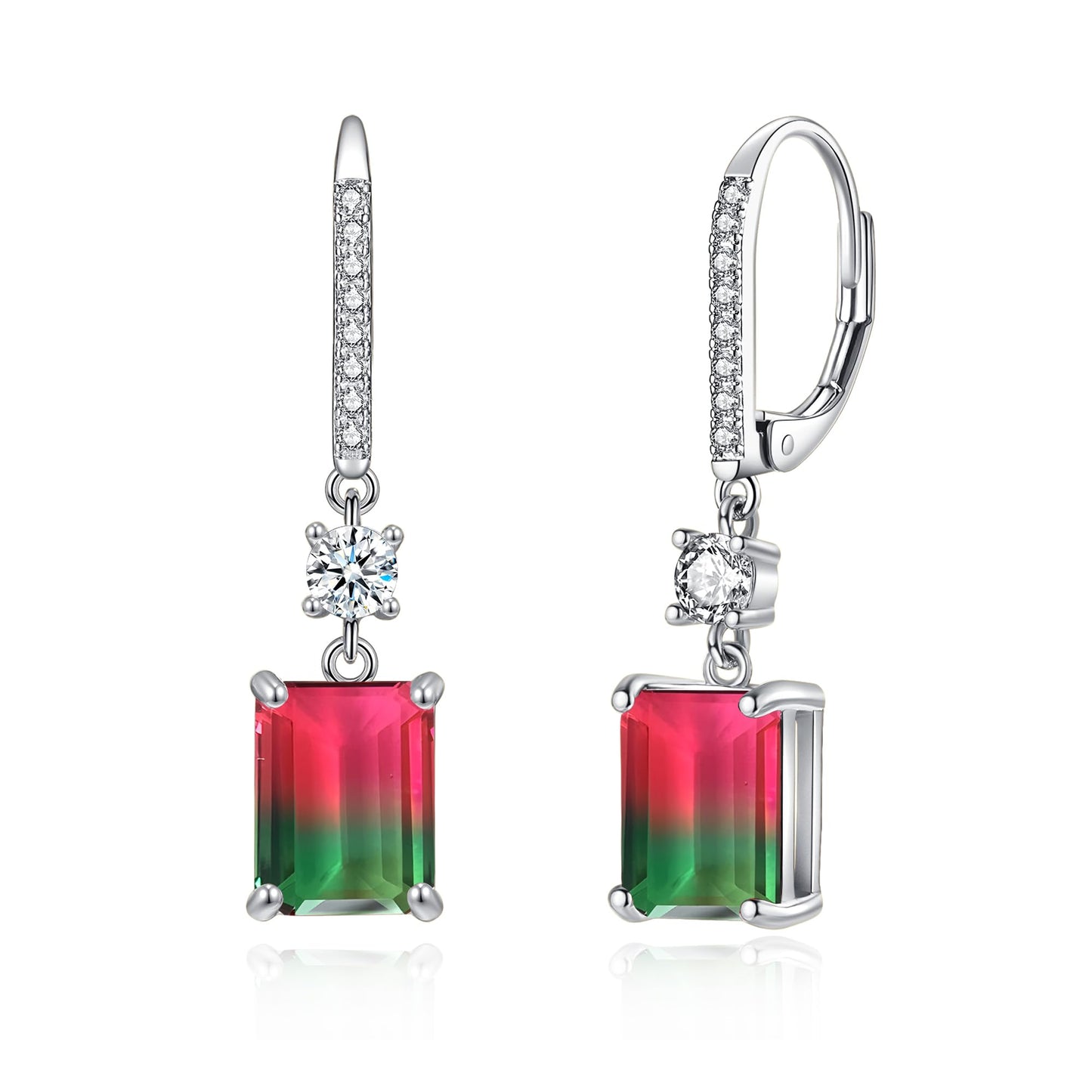 CiNily Leverback Earrings for Women Rectangular-cut Drop Dangle Earring Hypoallergenic, 14K White Gold Plated Red and Green Cubic Zircon Earrings Diamond Dangle Ear Rings Jewelry Birthday