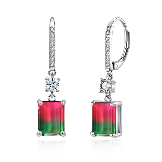 CiNily Leverback Earrings for Women Rectangular-cut Drop Dangle Earring Hypoallergenic, 14K White Gold Plated Red and Green Cubic Zircon Earrings Diamond Dangle Ear Rings Jewelry Birthday