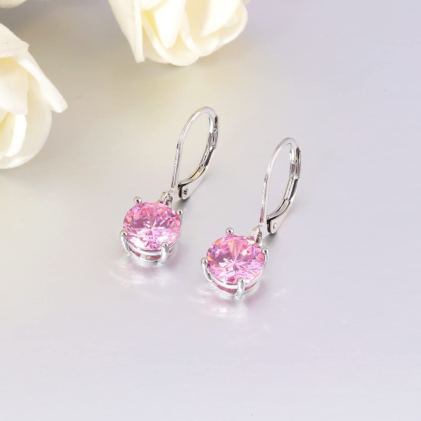 CiNily Leverback Dangle Earrings for Women Ladies Pink Cubic Zircon Pendant Earrings 14K White Gold Plated Hypoallergenic Crystal Drop Earrings for Sensitive Ears Jewelry 8 mm