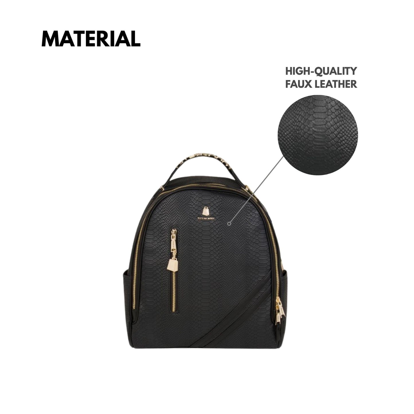 Tote&Carry Apollo BFF Backpack for Women, Vegan Leather, Water-Resistant, Carry-On Luggage for Travel, Work & Daily Use (Snake Skin, Black)