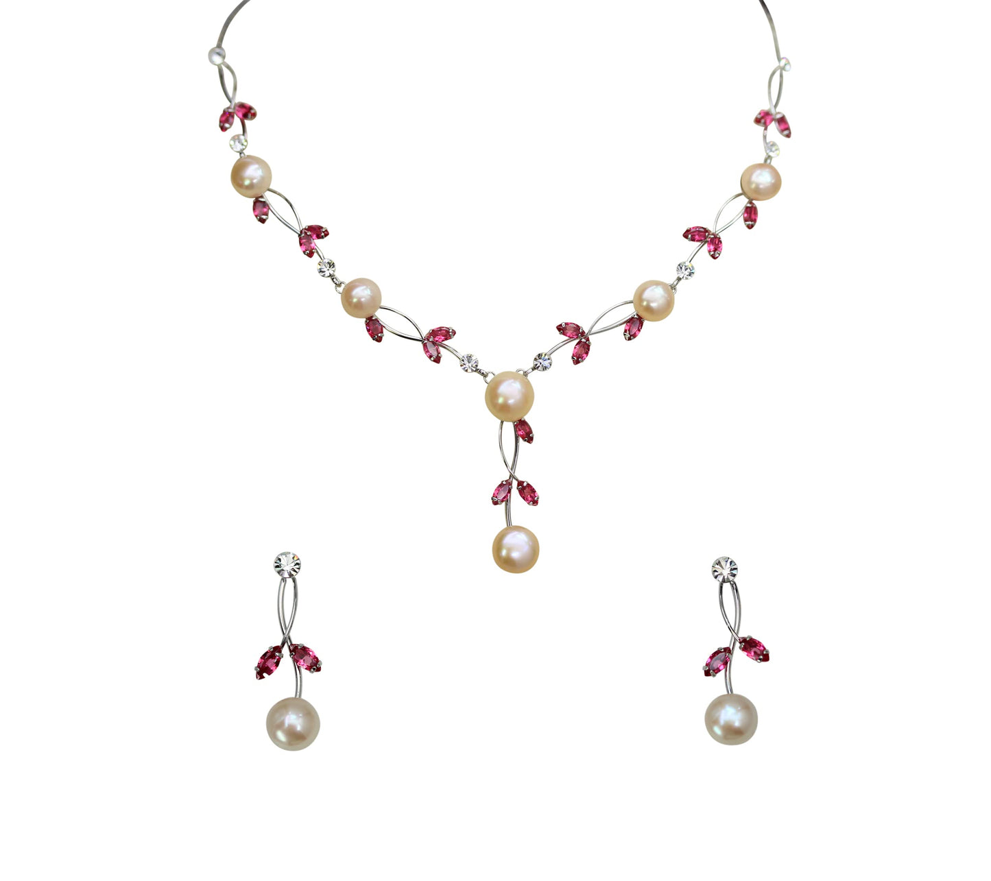 Faship Gorgeous Rose (Pink) CZ Crystal Genuine Freshwater Pearls Floral Necklace Earrings Set - Rose/Silver Tone