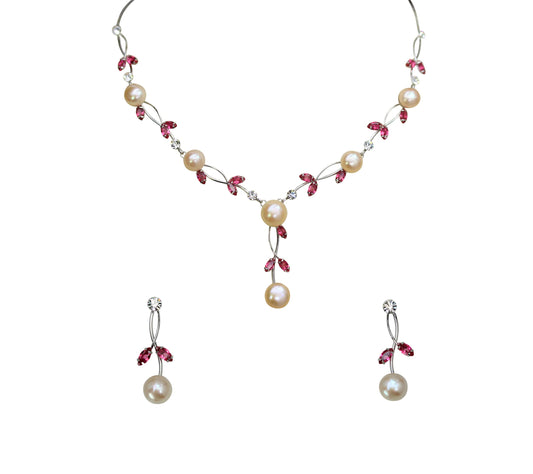 Faship Gorgeous Rose (Pink) CZ Crystal Genuine Freshwater Pearls Floral Necklace Earrings Set - Rose/Silver Tone