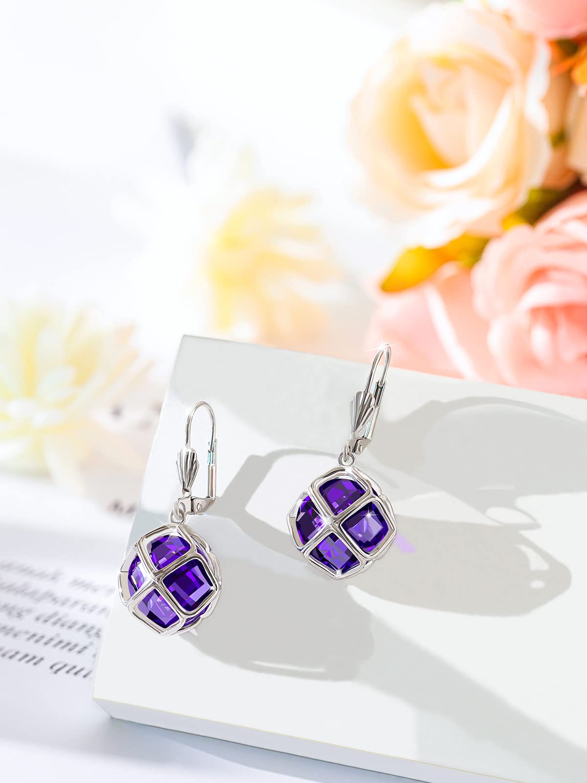 Big Dark Purple Crystal Dangle Earrings for Women (Feb-Amethyst-White Gold Plated)