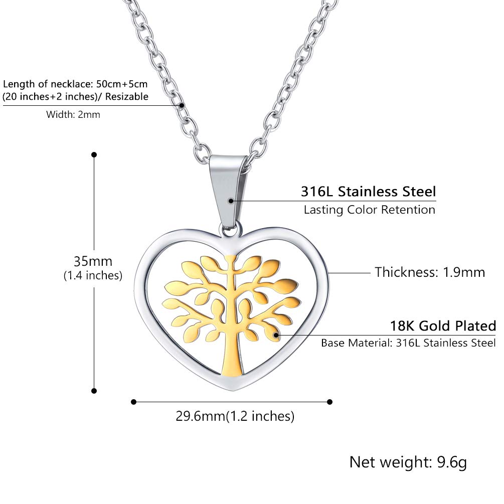 PROSTEEL Tree of Life Necklace Stainless Steel Two Tone Gold Plated Pendant Women Jewelry Heart Necklace