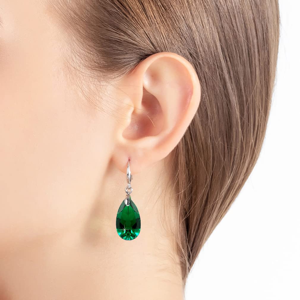 Austrian Crystal Teardrop Dangle Hook Earrings for Women 14K Gold Plated Hypoallergenic Jewelry (Emerald)