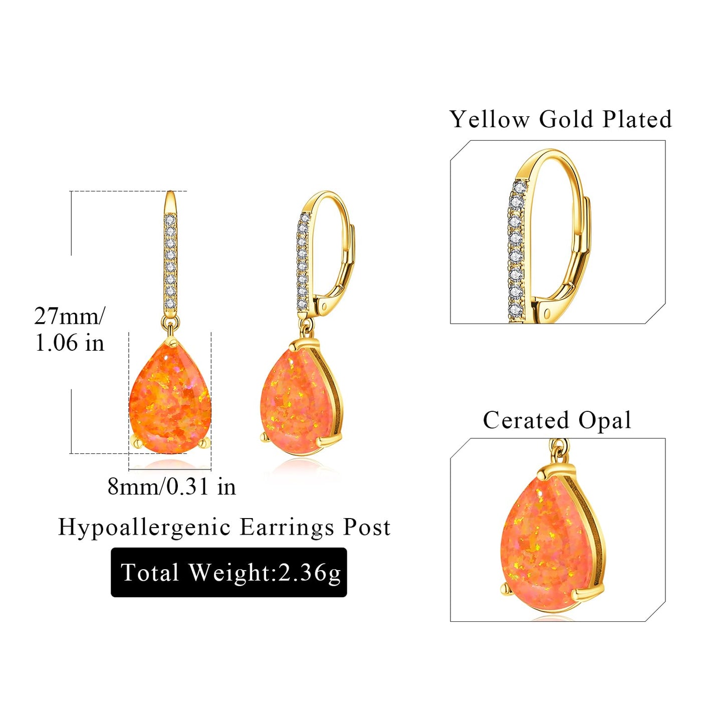 Leverback Orange Opal Dangle Earrings 14k Yellow Gold Plated Drop Earrings for Women Teardrop Earrings Elegant Jewelry Gifts for Mothers Day Birthday Party