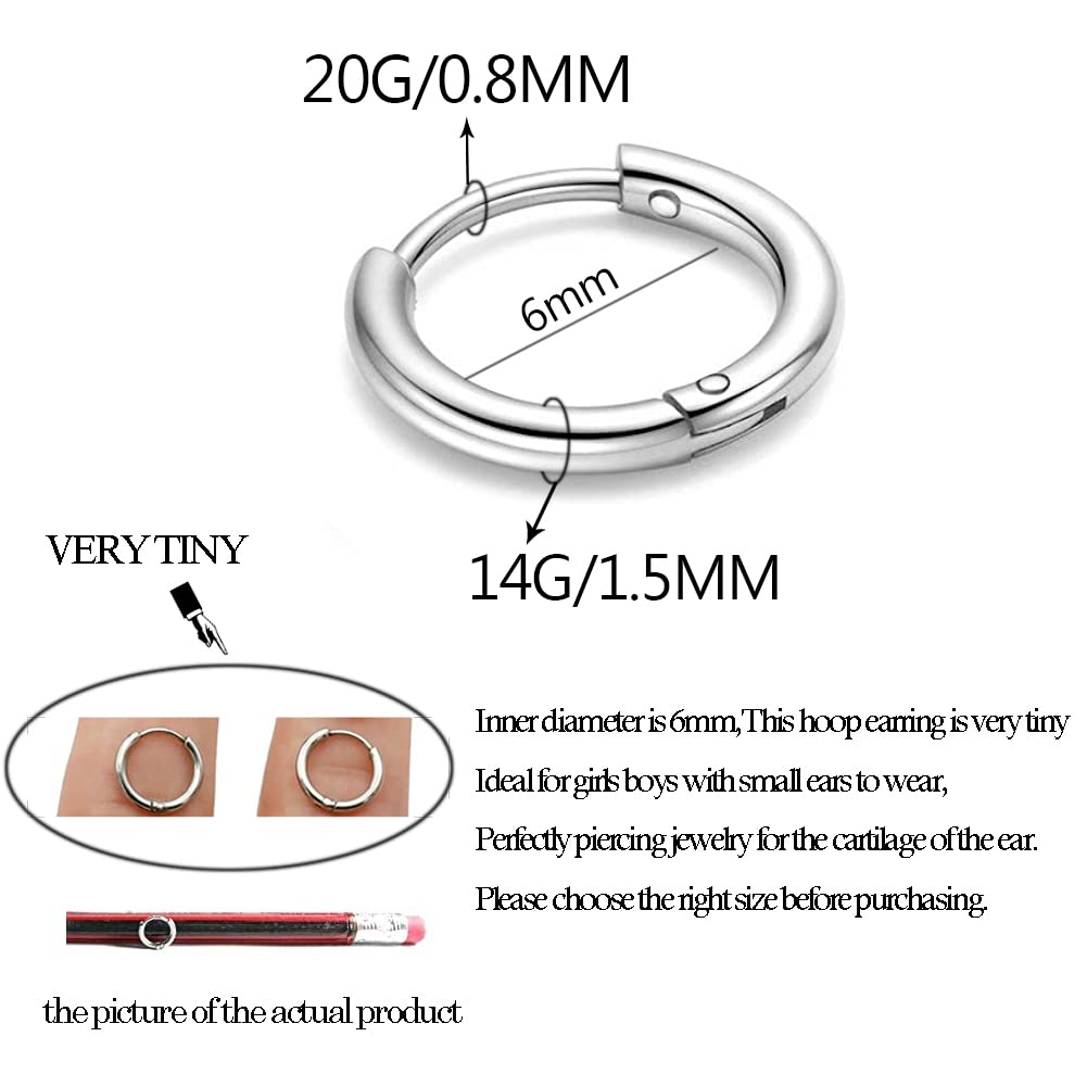 316L Surgical Stainless Steel Huggie Hoop Earrings 6mm Silver Hypoallergenic Earrings Hoop Cartilage Helix Lobes Hinged Sleeper Earrings For Men Women (A09:6mm Silver(THK 1.5mm))