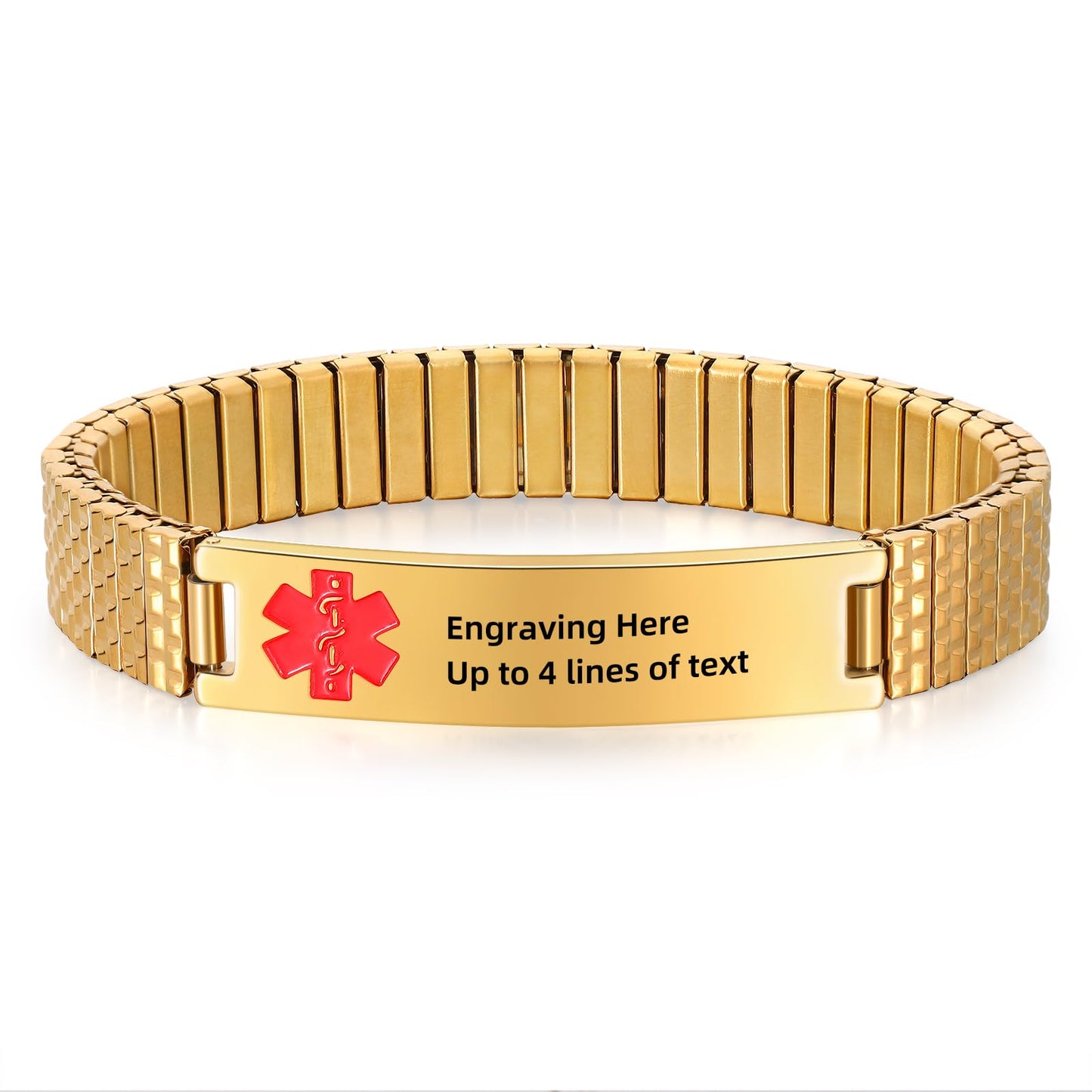 Personalized Medical ID Bracelets for Men - Custom Emergency Alert Bracelet for Women Engraved Medic Info Elastic Stainless Steel Bracelets for Family Autism Allergy Diabetic Epilepsy (Gold, 19.5cm)