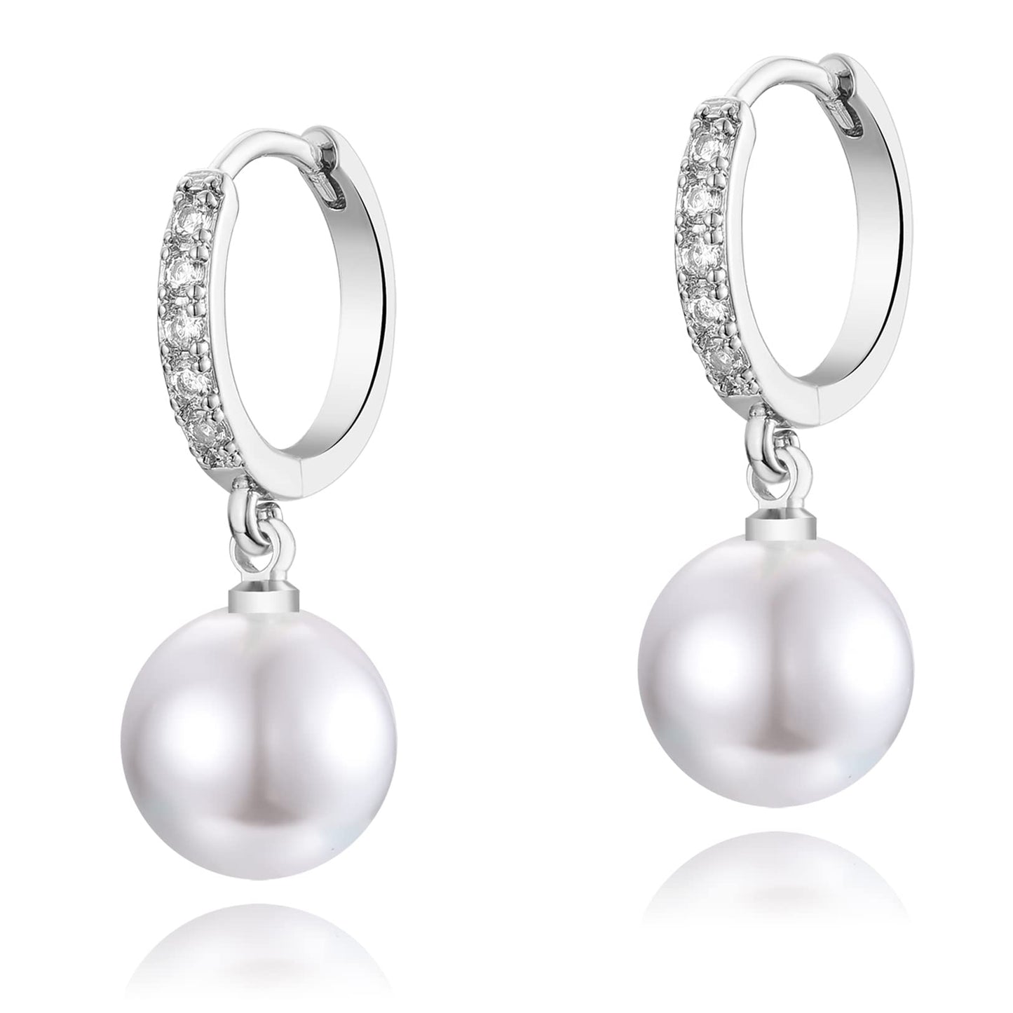 CERSLIMO Pearl Drop Earrings for Women | S925 Sterling Silver Post Simulated Shell Pearl Hoop Dangle Earrings, Hypoallergenic Cubic Zirconia Huggies Earrings Bridesmaid Jewelry