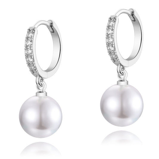 CERSLIMO Pearl Drop Earrings for Women | S925 Sterling Silver Post Simulated Shell Pearl Hoop Dangle Earrings, Hypoallergenic Cubic Zirconia Huggies Earrings Bridesmaid Jewelry