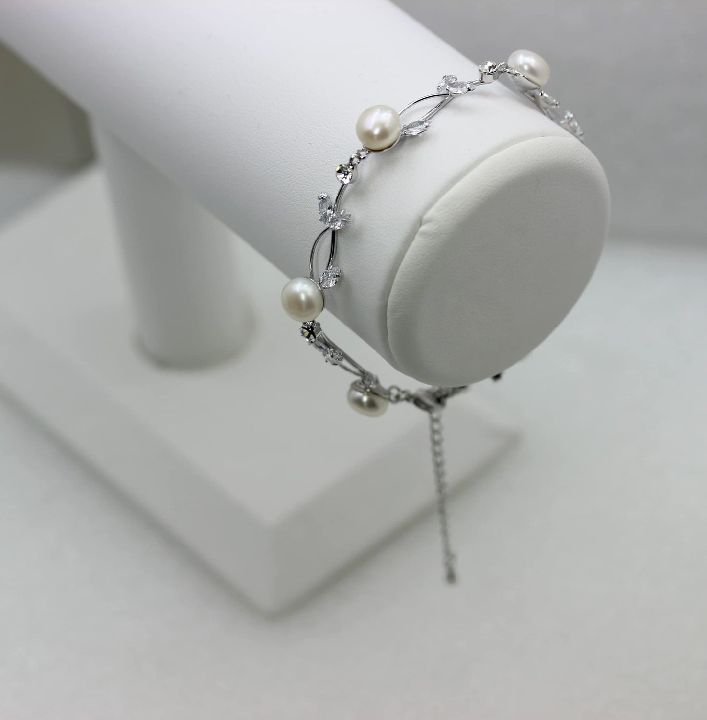 Faship Clear CZ Crystal Genuine Freshwater Pearls Floral Bracelet 7.5" - 9.5" - Clear/Matching Bracelet
