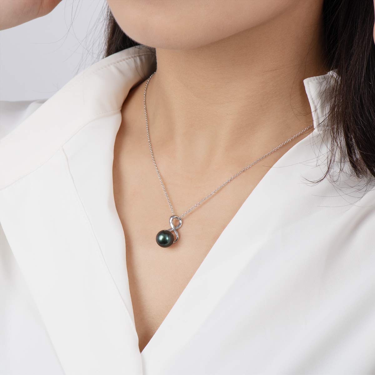 DENGGUANG Genuine Tahitian Black Pearl Necklace for Women, Sterling Silver Infinity Single Pearl Pendant Necklaces, Anniversary Birthday Mothers Day Jewelry Gifts for Mom Her