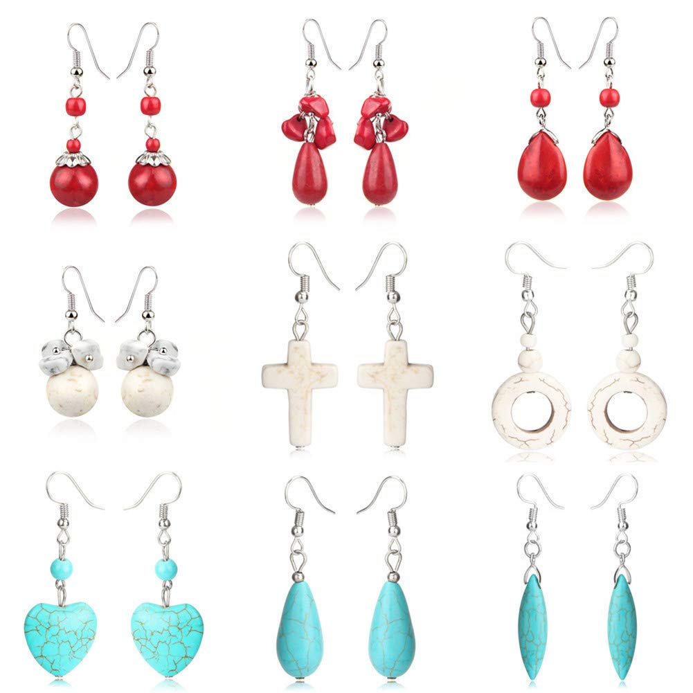 Double Turquoise Drop Earrings Natural Stone Round Bead Ball Dangle Earrings for Women Fashion Jewelry Gift (L:white)