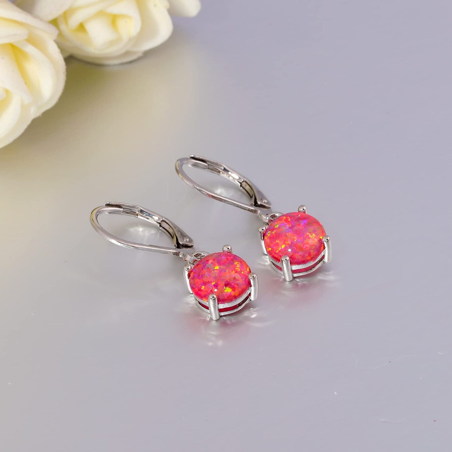 CiNily Round-Cut Opal Dangle Earrings for Women Hypoallergenic Rose Red Fire Opal Rhodium Plated Leverback Gemstone Drop Earrings Jewelry