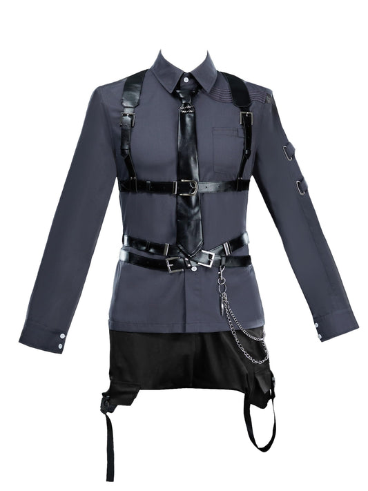 miccostumes Unisex Cosplay Accessory Black Leather Body Harness Belt Set with Waist Chain Gloves Necktie (black, S/M)