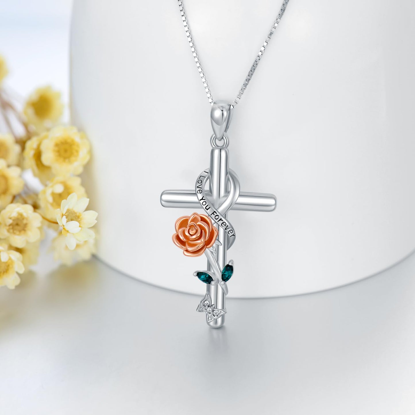 Flpruy Rose Birth Flower Necklace 925 Sterling Silver Cross Necklace 12 Month Birth Flower Floral Pendant Birthday Jewelry Gifts for Women Mom