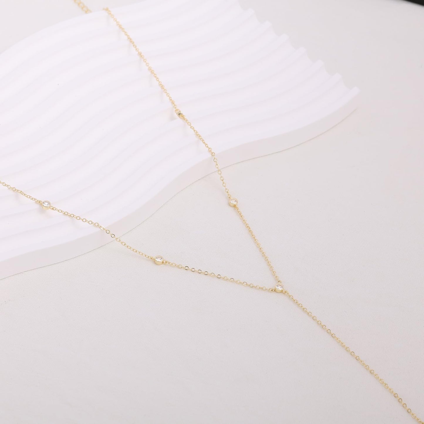 Fglqfam Lariat Necklace for Women, Dainty Long Necklaces, 14k Gold/Silver Plated Y-Shaped Drop Chain Necklace, Simple Layered Necklaces, Trendy Jewelry Gifts