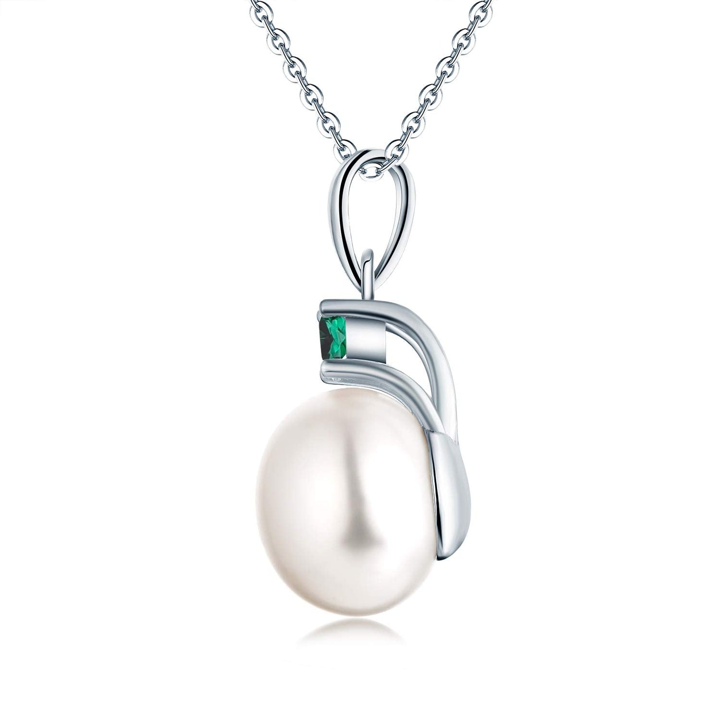 JO WISDOM Pearl Necklace,925 Sterling Silver Cubic Zirconia 10mm White Freshwater Pearl Pendant Necklace,Created Emerald May Birthstone Jewelry for Women