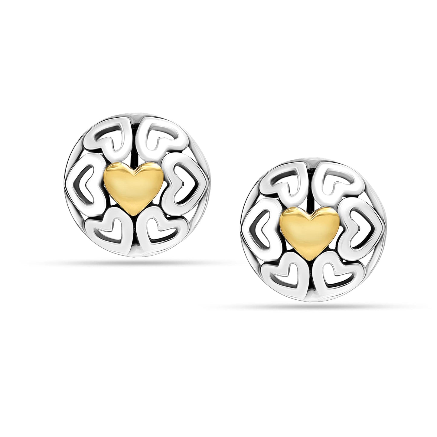 LeCalla 925 Sterling Silver Omega Back Earrings Jewelry Small Medium Two-Tone Crossover Round Antique Dome Heart Omega-Clip Back Medium Stud Earring for Women - 12MM