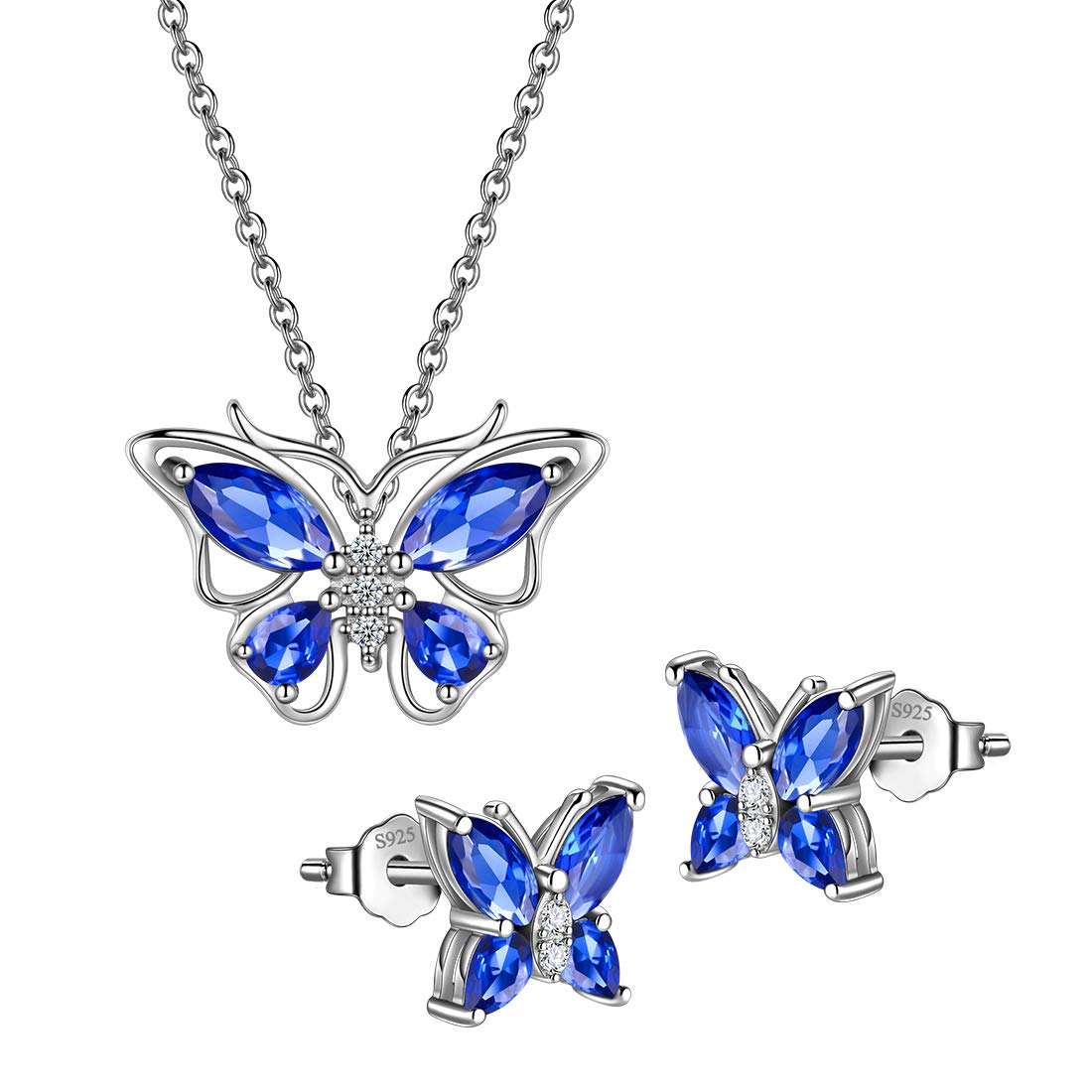 Hipunk Butterfly Blue Jewelry Sets Birthstone Women 925 Sterling Silver September-Sapphire Birth Stone Animal Butterflies Jewelry Sets/Earring Set Crystal Birthday Jewelry SS0001S