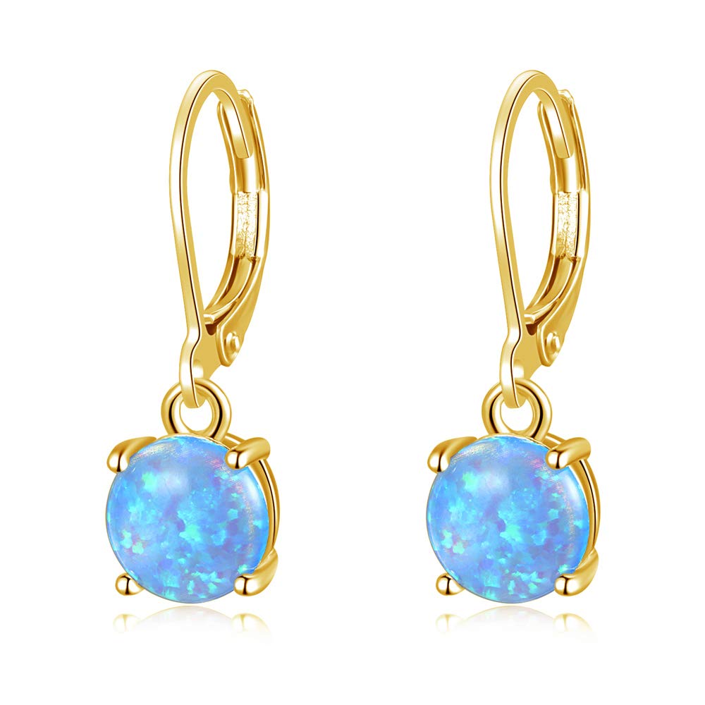 CiNily Gold Dangle Earrings for Women, Blue Fire Opal Leverback Earrings 14K Yellow Gold Plated Drop Opal Jewelry
