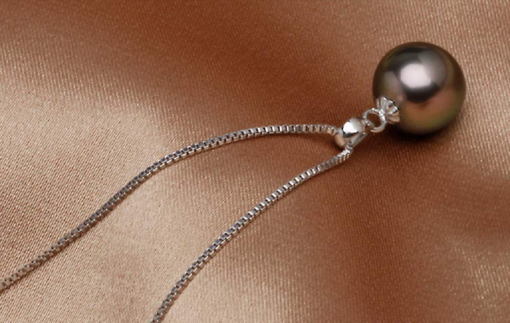 Lzz 925 Sterling Silver Tahitian Nanhai Freshwater Cultured Black Pearl Pendant Necklace - 9-10mm Round Pearl Ladies Necklace
