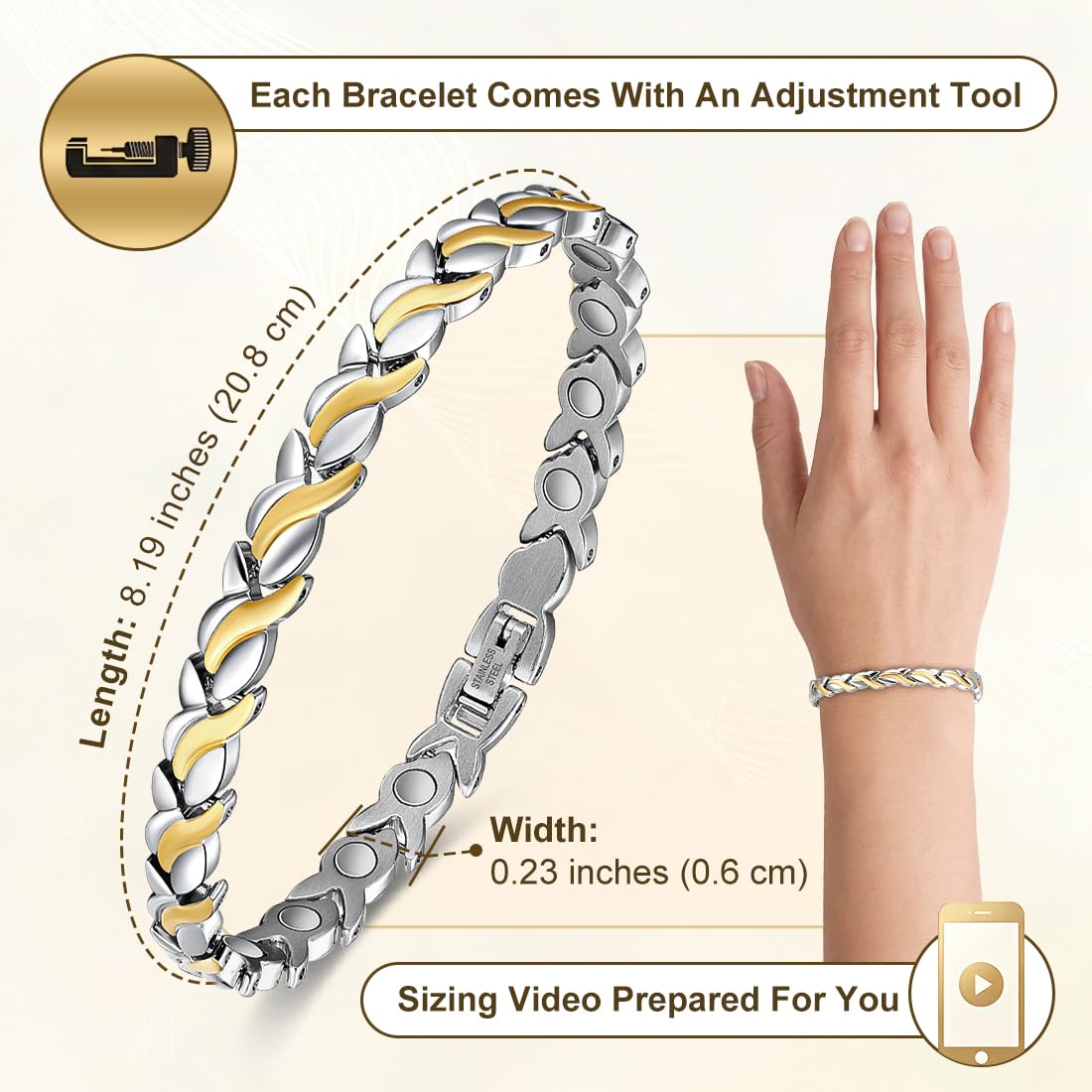 Vicmag Magnetic Bracelet for Women, Titanium Steel Bracelet with Ultra Strength Magnets, Waterproof & Adjustable, Jewelry Gift with Sizing Tool(Silver Gold Fishtail)