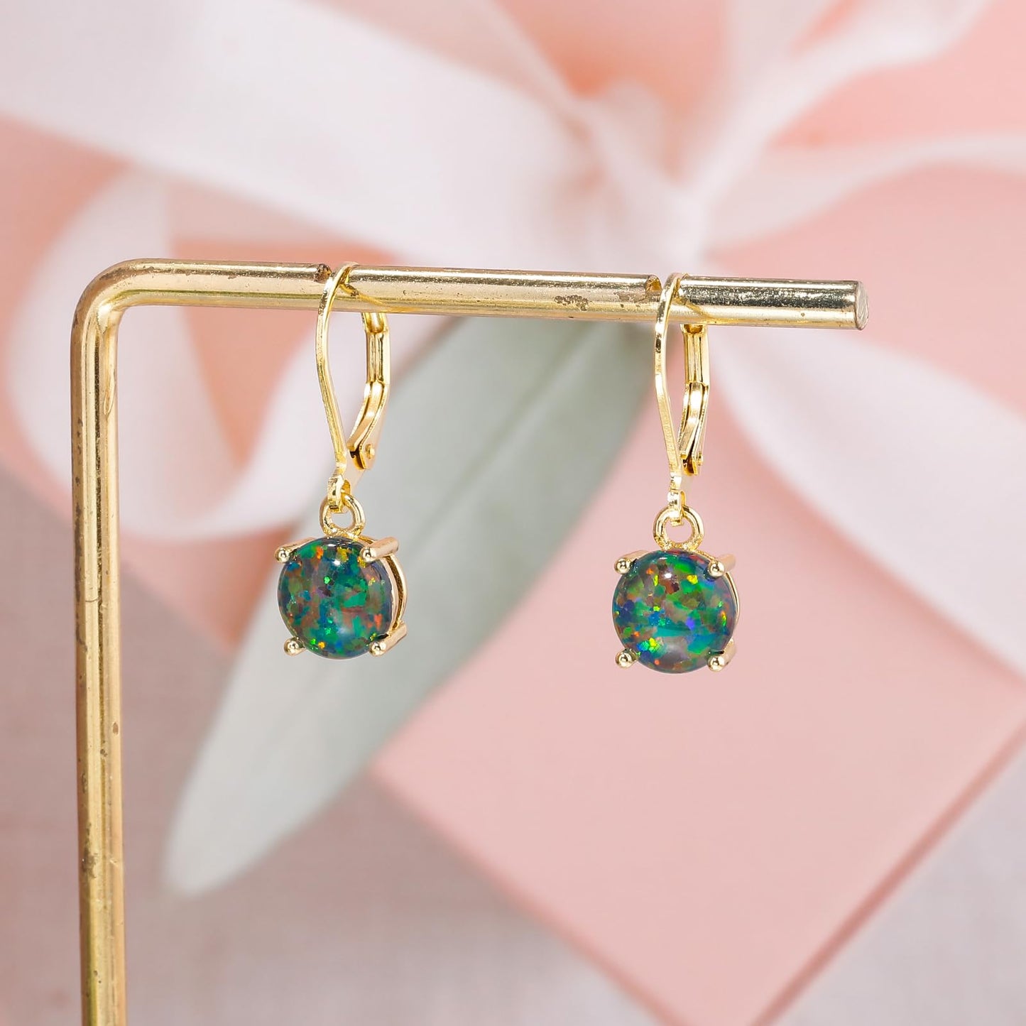 CiNily Round-Cut Opal Dangle Earrings for Women Hypoallergenic Black and Green Fire Opal Rhodium Plated Leverback Gemstone Drop Earrings Jewelry