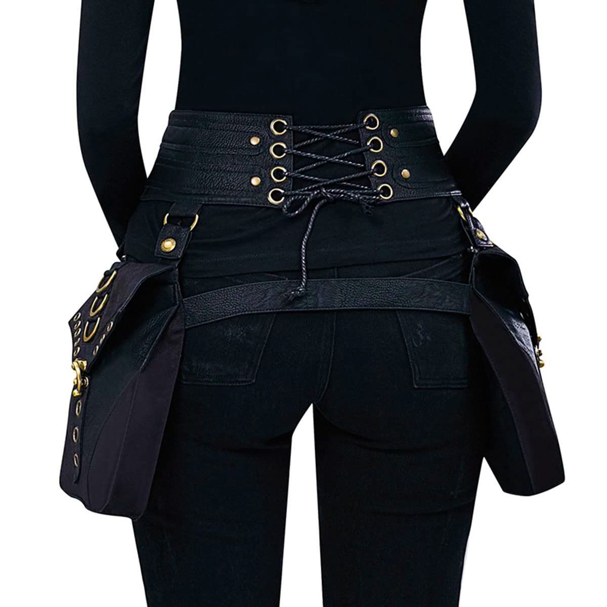 Waist Bag Belt Purse Fanny Pack Crossbody Motorcycle Hiking Phone Holder Wallet Vintage Leather Casual Fashion Daypack Gothic Festival Costume Hip Pouch for Women Men (Com)