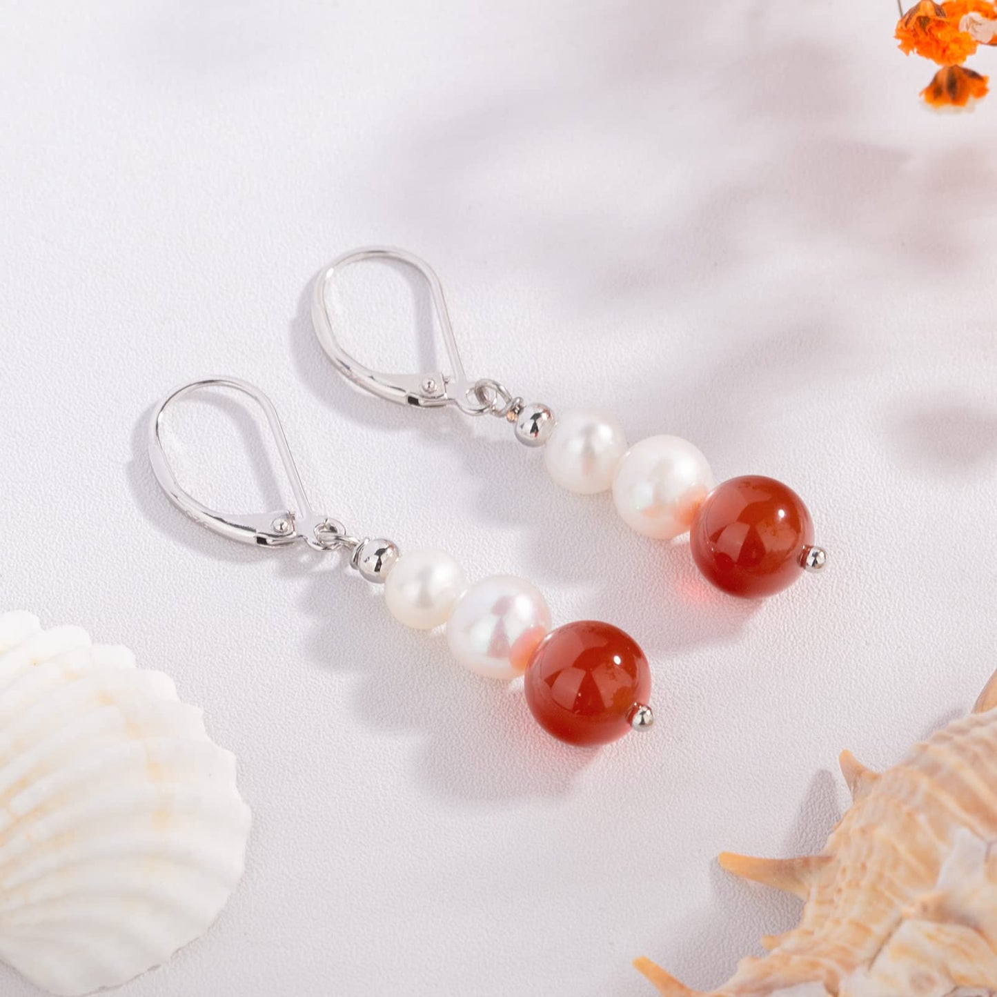 Sterling Silver Freshwater Cultured Pearl Drop Earrings Size 4-8mm Dangle Leverback Earring for Women (Rhodium Plated Carnelian)