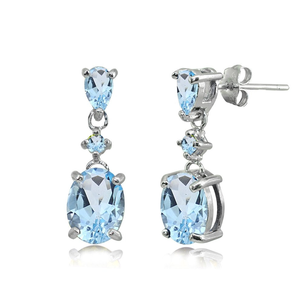 Sterling Silver Blue Topaz Oval Three Stone Drop Dangle Earrings for Women
